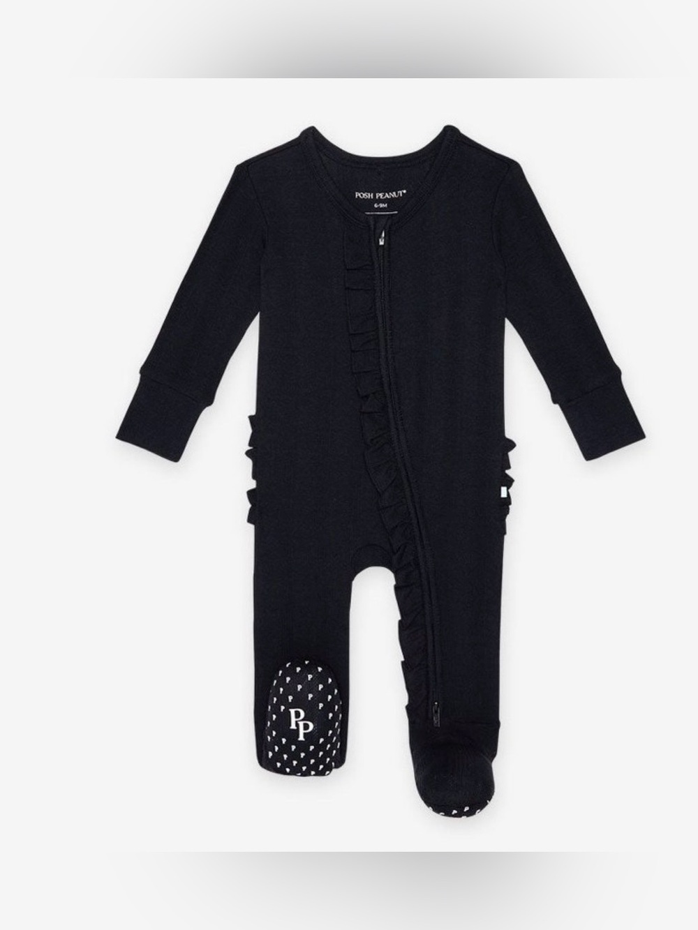 Posh Peanut|Baby girl ribbed Bamboo Black Ruffled Footed One-Piece,footies•••NB